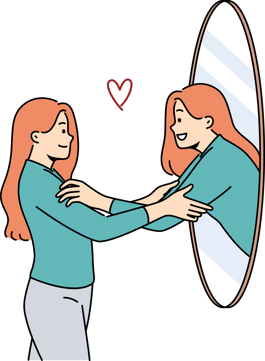 Woman hugs own reflection in mirror demonstrating narcissism and high self-esteem. Girl stands near mirror and rejoices at transformation of appearance after changing image and buying new clothes.