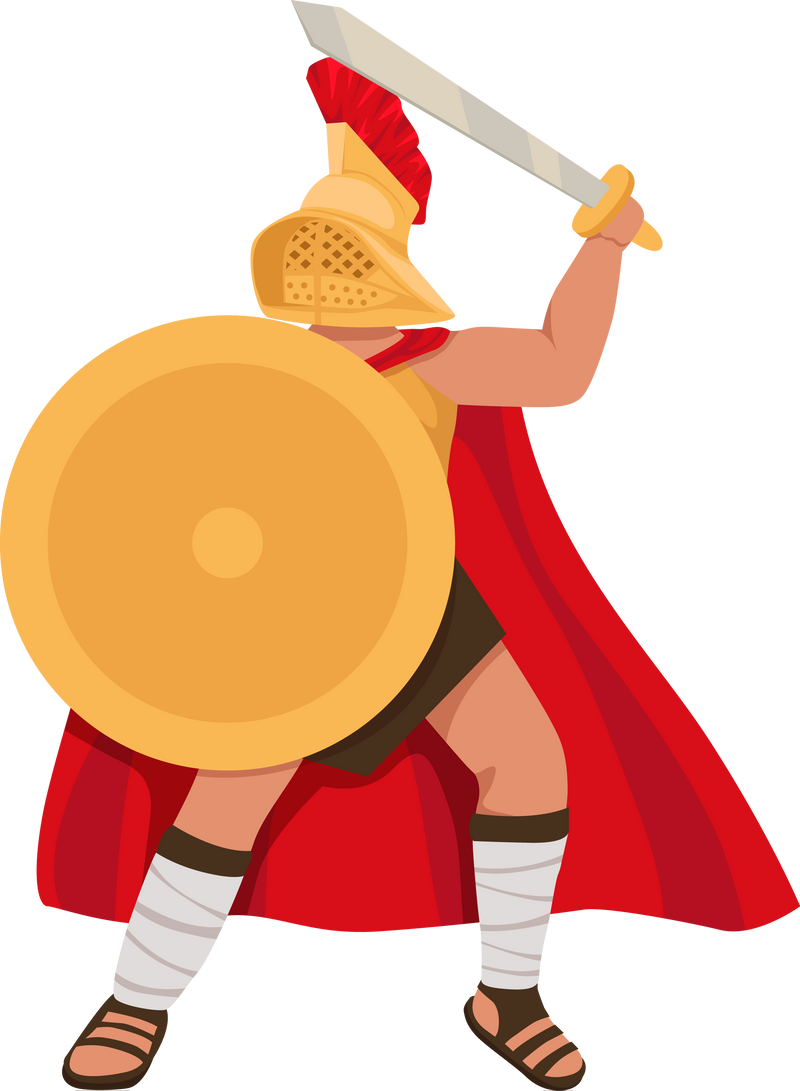 Ancient roman gladiator. People in armor. Warrior with weapon. Fighting and standing pose, 2D game. Sparta coliseum fight character